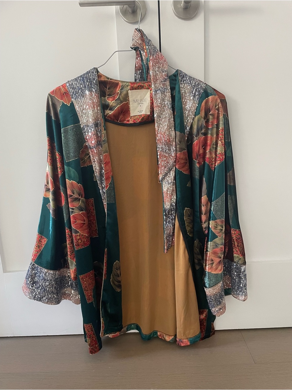 Teal Floral Velvet Kimono Blazer